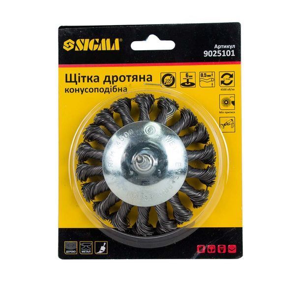 Щітка дротяна конусоподібна &Oslash;100мм хвостовик &Oslash;6мм (сталева кручена) SIGMA (9025101) 9025101 фото