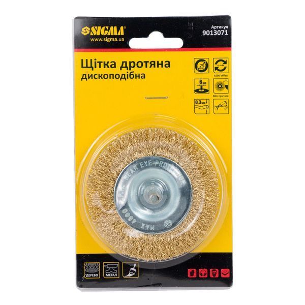 SIGMA Щітка для дриля дротяна дисковидна &Oslash; 75 мм хвостовик &Oslash; 6 мм (латунь) 9013071 фото