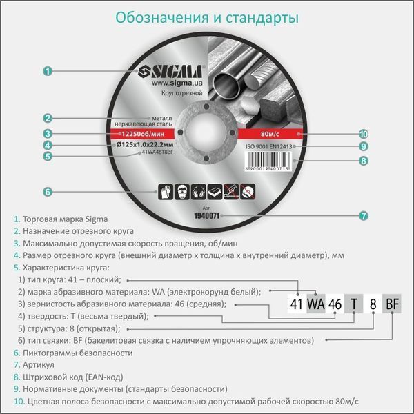 Круг відрізний по металу та нержавіючої сталі &Oslash;180&times;1.6&times;22.2мм, 8500об/хв SIGMA (1940231) 1940231 фото